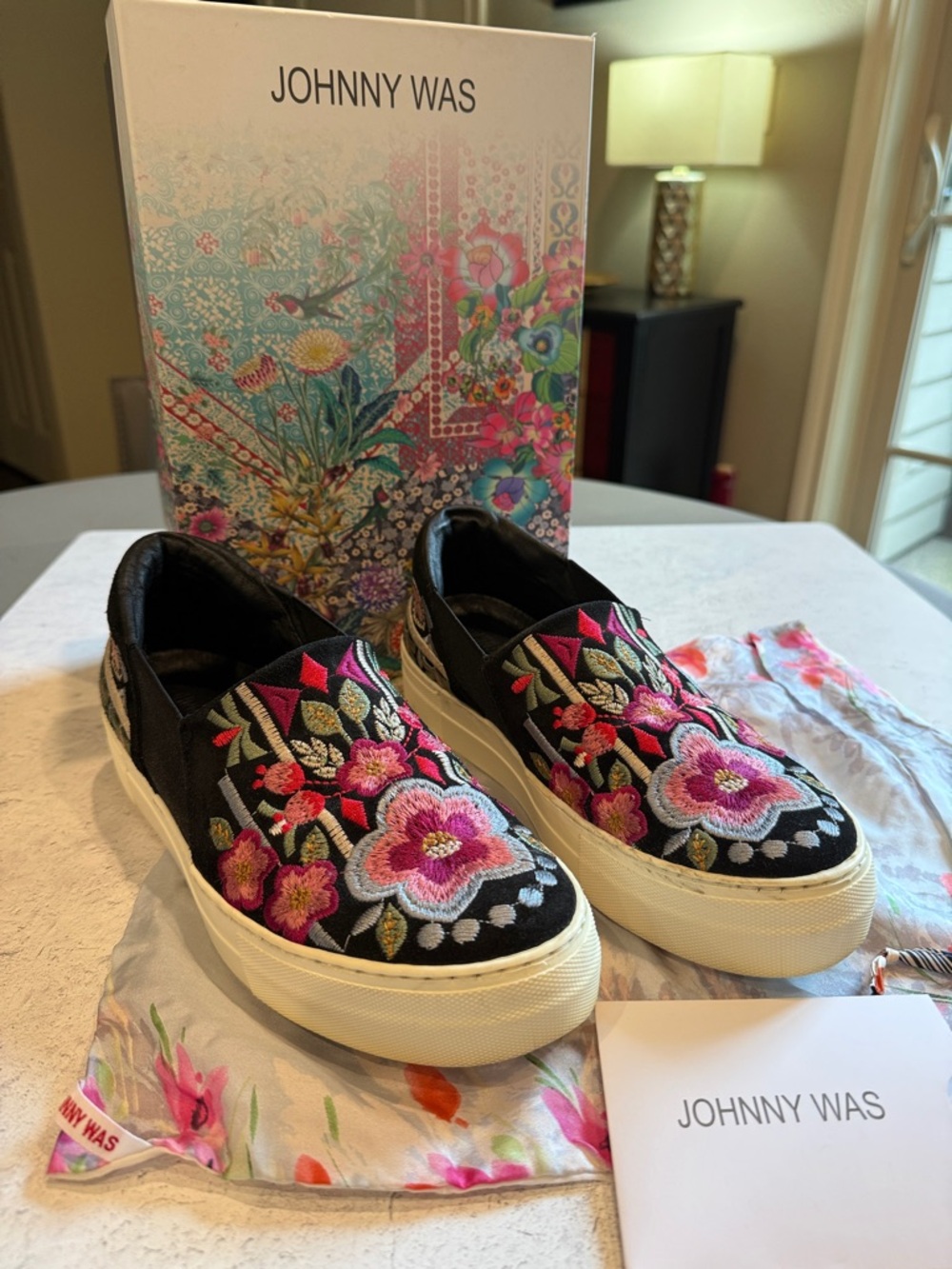 Johnny Was Vinny Loafer Black and Pink Floral Slip On Shoes